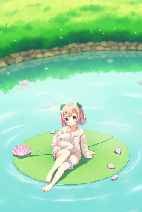 There is a girl sitting on a leaf, (white clothes), fresh color scheme, there is a plush toy, Guvez style artwork, popular on cgstation, illustrated by Li Song, soft anime, lying on a water lily mat, sitting on a lotus flower, cute and meticulous digital a...