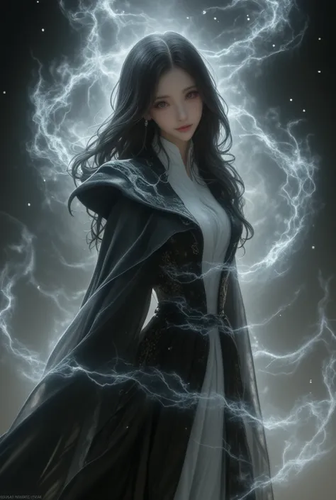 hyper-realistic art style,fantasy art,fein art,a mystical slender East-Asian woman dressed in flowing, ghostly robes. Surrounded by swirling dense mist that wraps around her figure in intricate, ethereal patterns. The background is dark and atmospheric, wi...