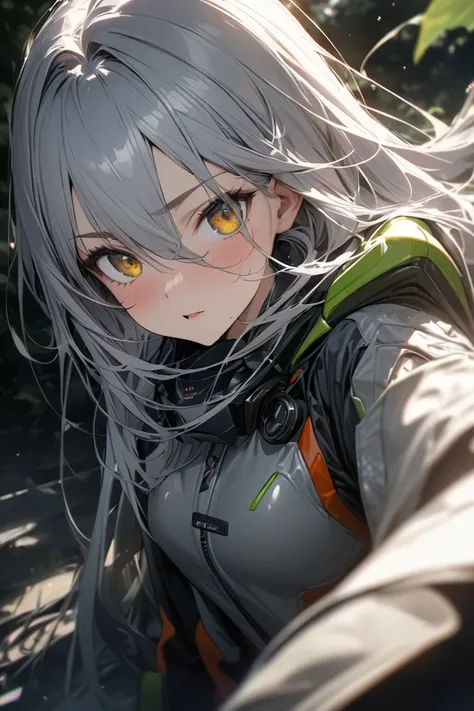   Silver Hair、Golden Eye、Small breasts、 long hair、Low exposure、A sheltered girl、 Pilot Suit 、Not a treeshreed、(masterpiece), ( best quality), (Super detailed),  very aesthetic, Illustration