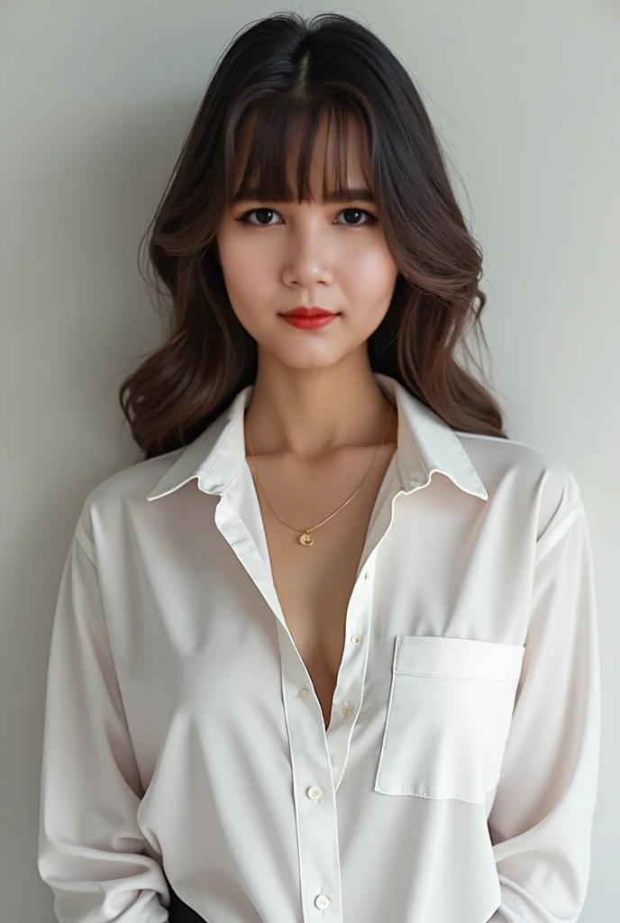 a pretty woman, dressed in white shirt, full body portrait, nice perfect face with perfect face, hyper realistic concept, 8k resolution, photography quality, posing for a photo, photo realistic, half open shirt 