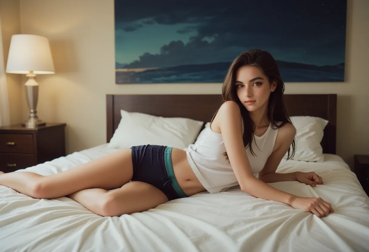 polaroid, soft, beauty,pretty girl, posing, sleeveless_shirt, boxers, bed, flash, dark room