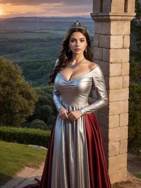 Beautiful and regal, imperious and aloof, busty athletic (thin) brunette queen with sharp facial features wearing a modest updo, dark red medieval dress, long sleeves, wide neck, crown, veil, long dress, modest dress, tight bodice, (silver waist chain), me...