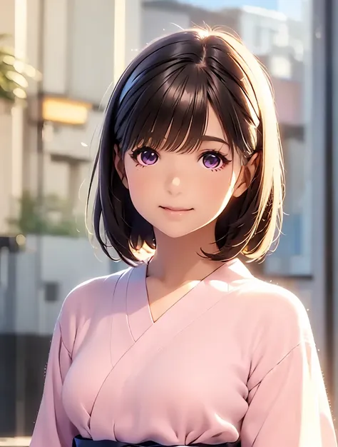   Hi-Res ,In 8K, best quality, Details,Semi-realistic anime, D-anime style, smooth animated CG, one girl , 19-year-old Japanese woman, very cute ,slim,modeling,((Sparkling Eyes)),(( very short hair)),(( short bob)),(Maroon Glowing Hair ), pink lips, Shiny ...