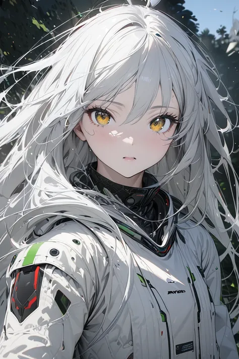   Silver Hair、Golden Eye、Small breasts、 College Student 、 long hair、Low exposure、A sheltered girl、 Pilot Suit 、Not a treeshreed、(masterpiece), ( best quality), (Super detailed),  very aesthetic, Illustration