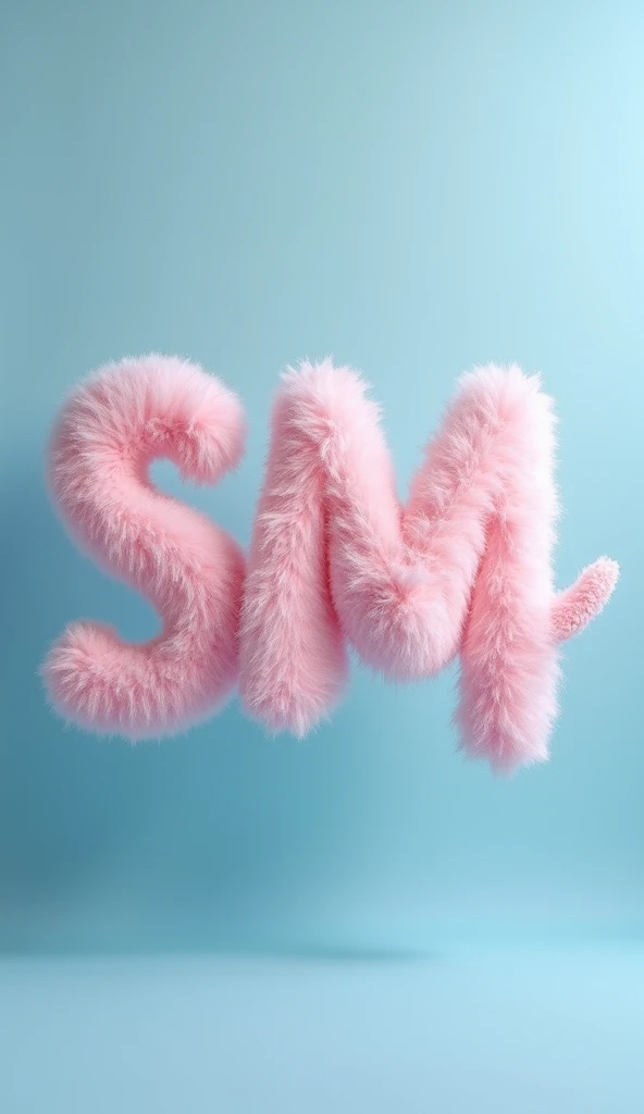 voluminous lettering LYF handwritten font made of a soft pink pillow with lint hangs in the air on a blue background