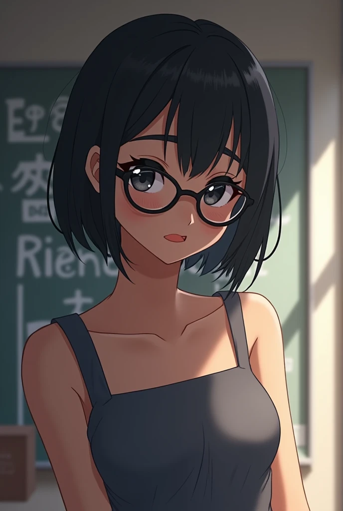  Women ,Anime,Tanned skin,Short hair ,Black hair,wearing black framed glasses,Round Glasses , school uniform,Flat chest, Knee-length skirt,small,Thin,Dark skin,Brown skin