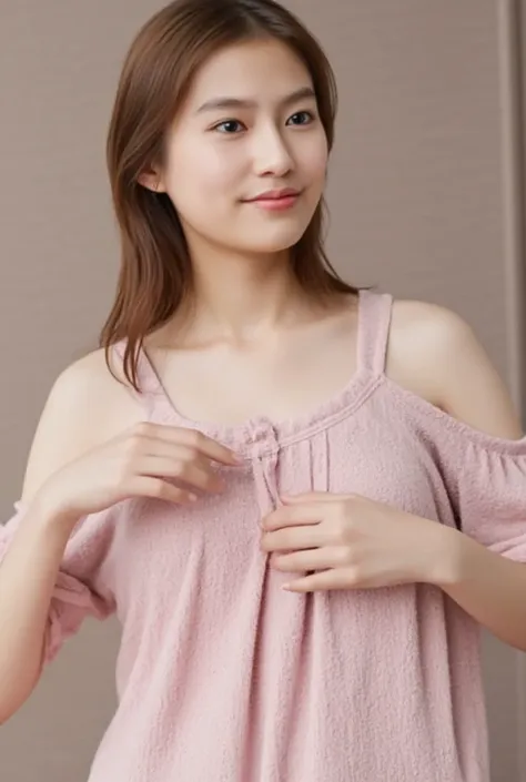 Only one woman with a cute smile wears cute, fluffy off-shoulder pajamas, makes a big heart shape with both hands, and poses them in front of her chest, View above collarbone、The background is a monotone 

