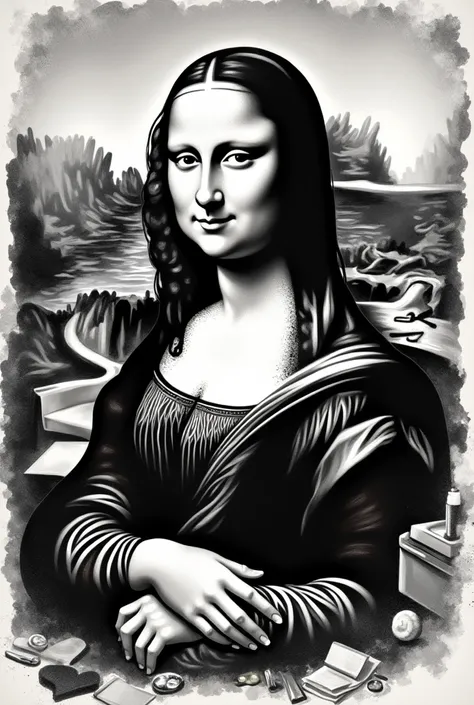 Mona lisa drawed with a pen in a dirty room