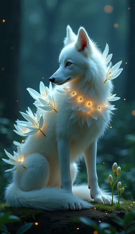 "A mystical hybrid creature combining the grace of a wolf and the elegance of a lily. The body of the creature is sleek and muscular like a wolf, but its fur gradually transitions into soft, delicate lily petals that bloom along its back and tail. Its head...