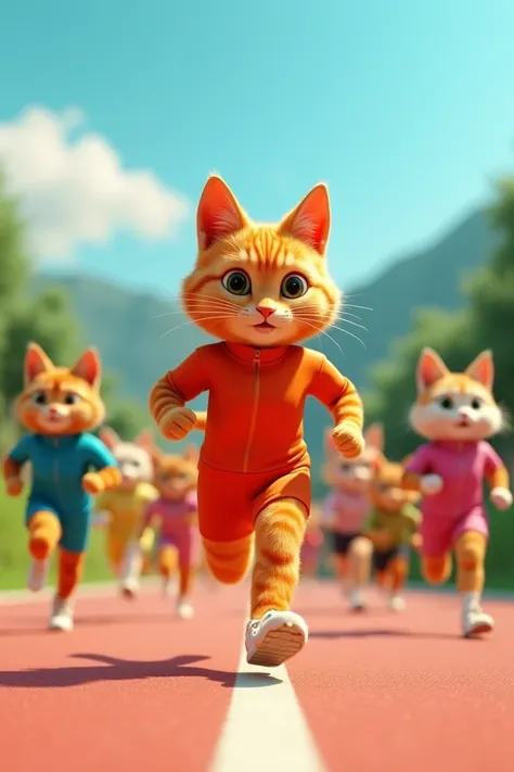 Generate a high quality 3D image:An orange cat wear running costume and more colourful cat runners are running in marathon ground 