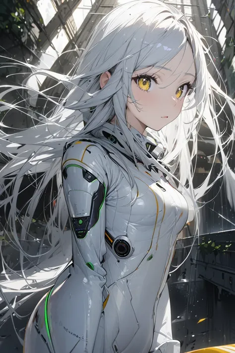   Silver Hair、Golden Eye、Small breasts、 College Student 、 long hair、Low exposure、A sheltered girl、 Pilot Suit 、Not a treeshreed、(masterpiece), ( best quality), (Super detailed),  very aesthetic, Illustration