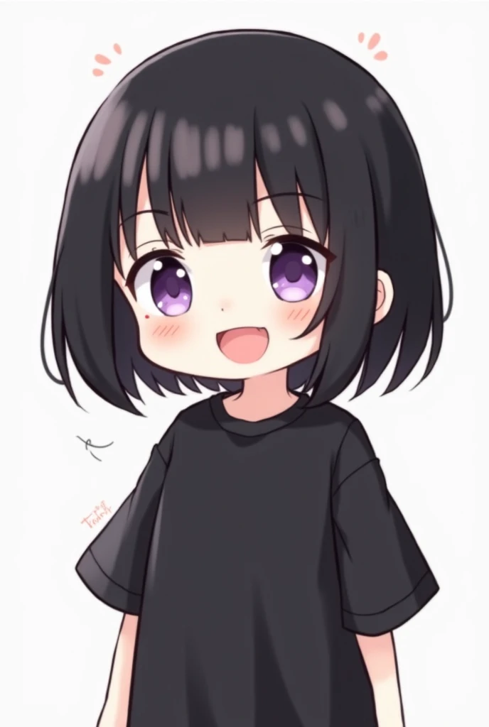 cute character with medium black hair and bangs, bobcut fleige hair, white skin and black oversized tshirt and purple eyes, chibi style, laughing exaggeratedly
