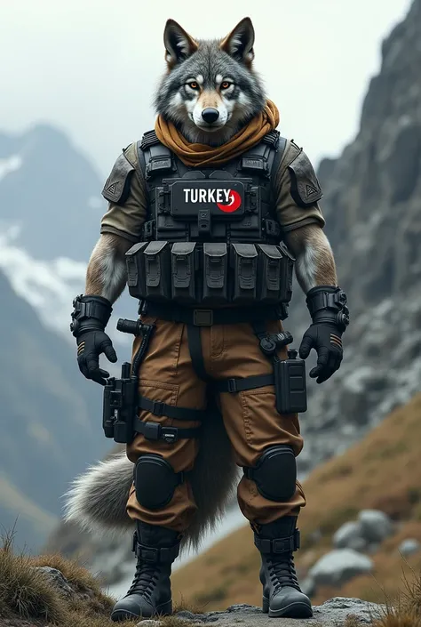 A strong gray wolf-human hybrid symbolizing Turkish special forces, with gray fur and intense, intelligent eyes. Dressed in rugged tactical clothing, it stands in a rocky mountain landscape, equipped with advanced weaponry and surveillance gear. Its postur...