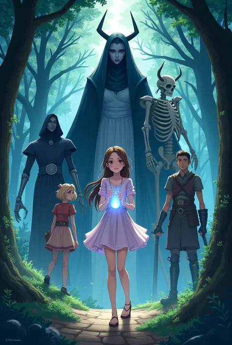 A coverpage of a girl holding a moonstone pendant with artemis behind her, a skeleton eith a black cloak on the top right, a dark demigod on the top left, a charming thief on the bottom left, and a rugged warrior on the bottom right. As for the the backgro...