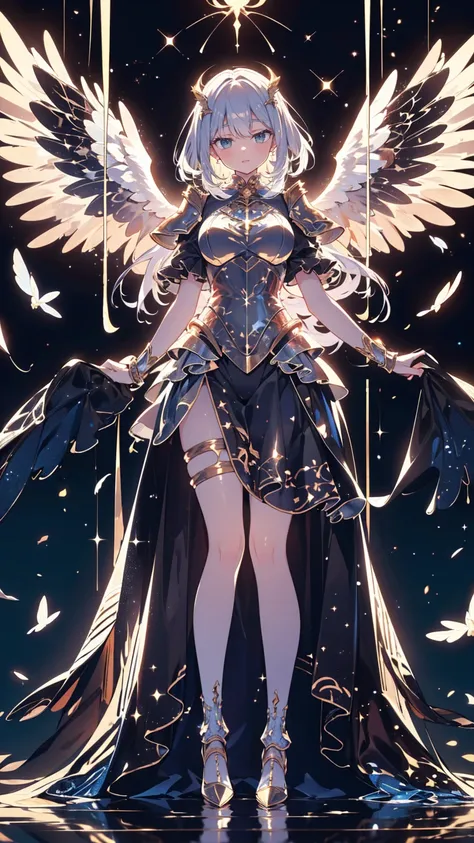 an epic fantasy art  portrait of aasimar, woman, paladin ready for battle under the full moon, Holy Warrior ,  Spreading large feathered wings, Majestic Wings, white Angelic Wings spread (masterpiece,  intense detail : 1.5), moon light, moon, star, cloud, ...