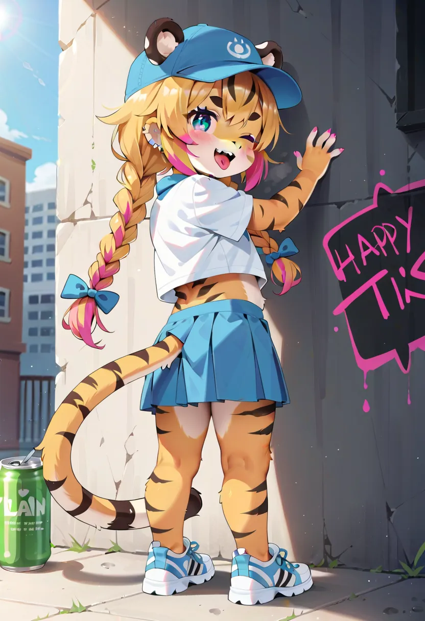 masterpiece, high resolution, best quality, baby body, baby height, flat chest, baby face, furry tiger girl paints graffiti on t...