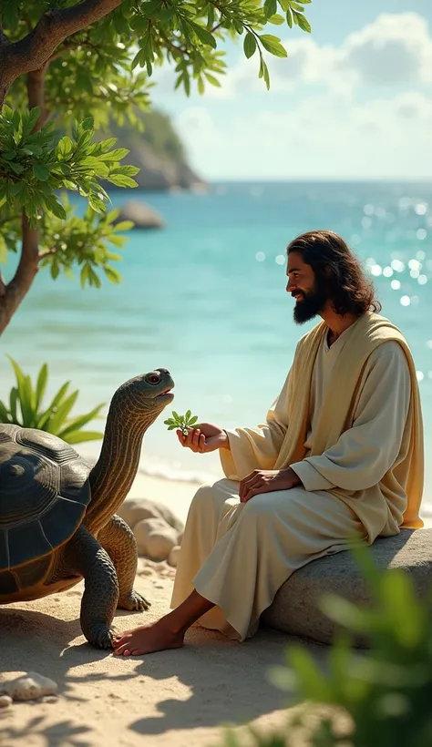 Jesus in sitting on rock in sea Beach, feeding a tortoise some green vegetables , both looking to each other, happy moments, bush, sea Shore 