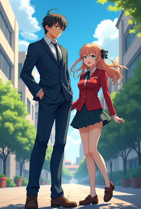 Generate a man wearing a school uniform, and a woman in the same uniform. Make with style anime