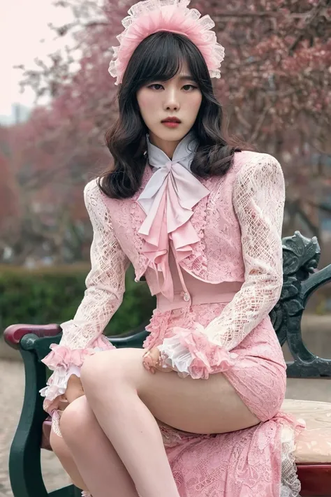 A Korean man in ladies vintage suit dress, he is crossdresser, body like a woman, slender female body, white and pink, Rich lace and frills, long sleeves, cropped jacket, mermaid line long skirt, tweed, sit quietly