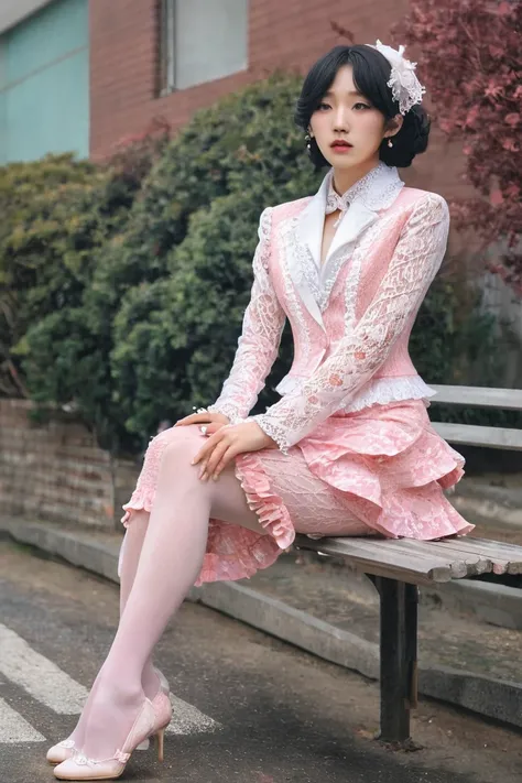 A Korean man in ladies vintage suit dress, he is crossdresser, body like a woman, slender female body, white and pink, Rich lace and frills, long sleeves, cropped jacket, mermaid line long skirt, tweed, sit quietly