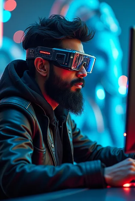 Fantasy boy, gaming equipment,with AI background,indian, background lord Ganesha, leather jacket ,fantasy men ,beards, AI helmet on face