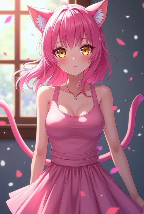 girl with pink hair, attractive body, yellow eyes, with pink panther ears on her head, pink panther tail, wearing a pink tank top and pink skirts. Anime estile. 