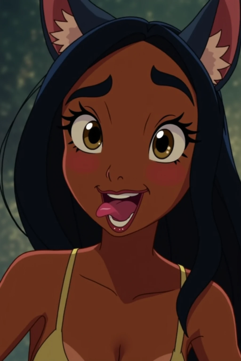 wolfgirl Pocahontas is looking up at you with her head between your sexy legs. Breasts, Large breasts, Animal Ears, wolf Ears, wolf tail, wolf teeth, Open Mouth, Teeth, Tongue, Tongue Out, Licking Lips, Seductive Smile, Long Tongue, Crazy Smile, Excited, N...