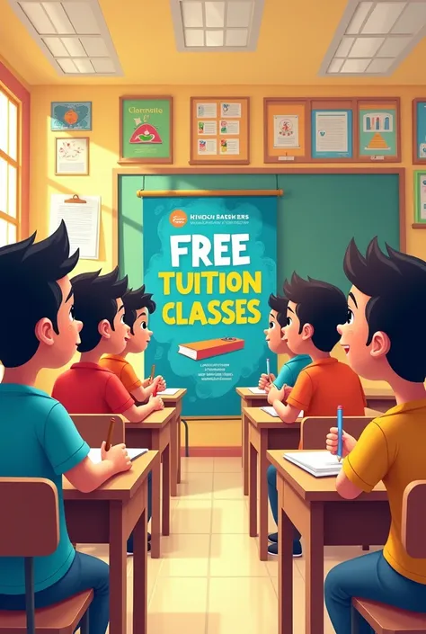 Make Indian classroom in cartoon form add some slogan which promote education and write on this poster that free tution classes by hindu rastra seva smiti 