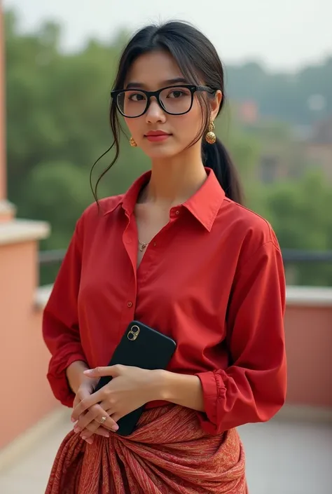 A beautiful young women skin tone is skin colour one low ponytail hair colour is black mid partition short hairs carry black frame rectangle shape google and wearing red similar coller shirt and loose lower with rajasthani design and carry black mobile and...