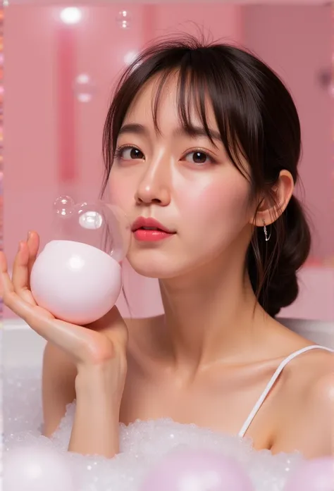 A whimsical photorealistic image of a sexiest very beautiful girl having a bath blowing soap bubbles from her hand in large luxury bathroom transparents pink with full modernest equipments, focus realistic faces and eyes, masterpiece sexiest full body and ...