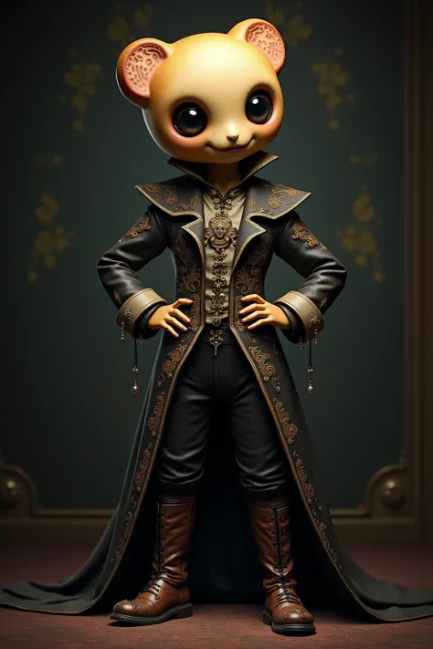 generate images of kawaii chibi character of (bread head) zany scarecrow with a horror fantasy theme,(hands on hips:1.5), clothes must be highly intricate baroque style , elegant, and visually striking, highly detailed leather boots, resembling digital pai...