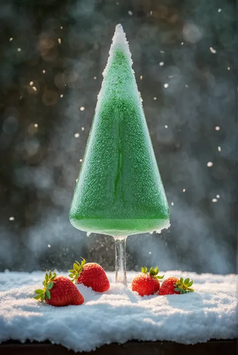 there is a glass with a green liquid in snow outdoor, under the glass are four strawberries in the snow