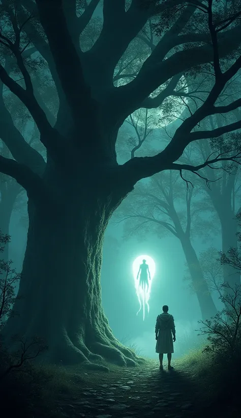 A nighttime scene in a dense forest where Vikram and Betal are standing under a large tree. Betal is floating in the air, asking Vikram a question. Vikram listens attentively with a serious expression.

