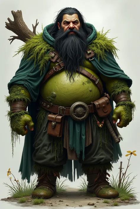 dwarf, navel-length beard ,  very bulky and half greenish with mosses that remain on it .  Black hair is also long and poorly groomed .  I wear a dark green cloak with a hood and carry a piece of rotten branch wrapped around my neck.  Black adventurers clo...