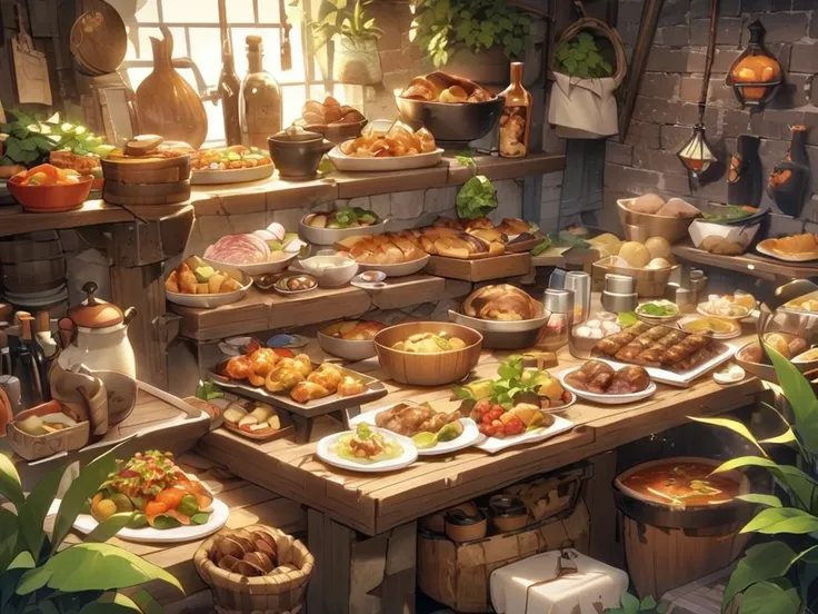 Delicious looking food、 lots of dishes like dungeon food are arranged、One dish at a time