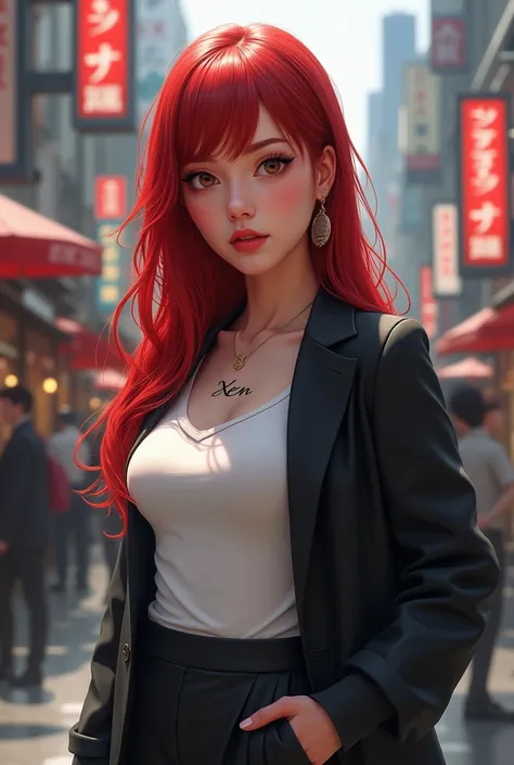 A beautiful young women round face cut and skin tone fair small nose and small light pink lips straight red long hairs and tatoo on our neck written xen in tokyo street wearing tshirt jacket and skirt standing in stylish position 