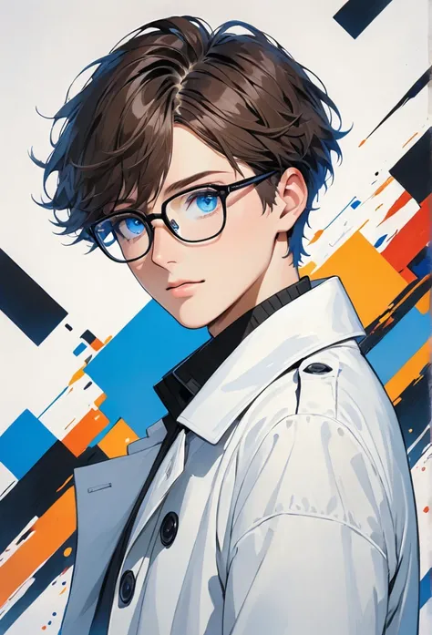 guy, short hair, brunette, very short hair, blue eyes, black square-rimmed glasses, white coat