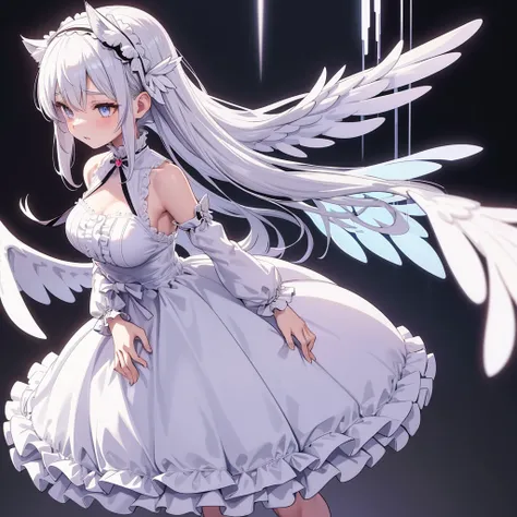 , Wings,  white hair ,  headband,Straight long wolf ,  dress, frills, ゴスロリ dress,  has large, well-designed wings growing from the waist,  standing  