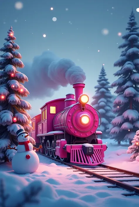  Its an image of a Christmas train running through a snowy landscape 。The image shows、Snow-covered trees々Lights are displayed on 、 A pink steam locomotive is moving along the railroad tracks while raising smoke。In front of you、 A Christmas tree covered wit...