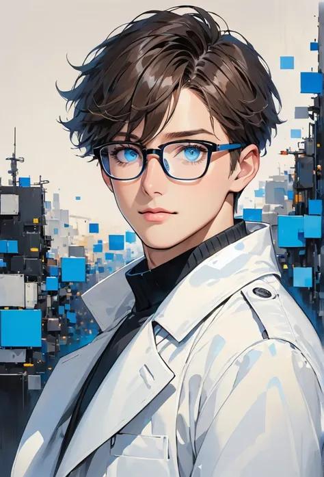 man , short hair, brunette, very short hair, blue eyes, black square-rimmed glasses, white coat