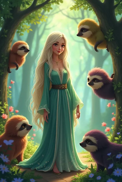 "Imagine an enchanted servant, with long shiny hair and flowing robes that reflect light in a magical way. She is surrounded by sloth beaks, which are colorful and have curious and friendly expressions. The setting is a lush forest, with tall trees and vib...