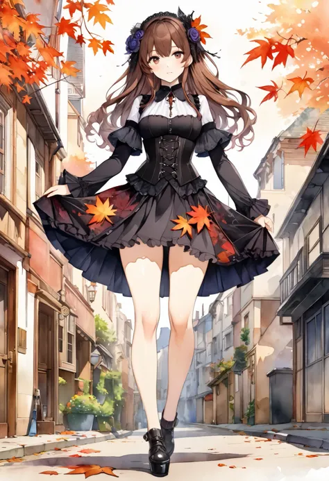 (((nsfw)))、 (((watercolor))), (((gothic))),       woman standing on a street lined with young fall leaves   、 A fascinating scene  ,    Decorated with hair ornaments  、    pose is medium length   ,    Wavy brown hair ..。.。Super mini skirt with frills, s ex...