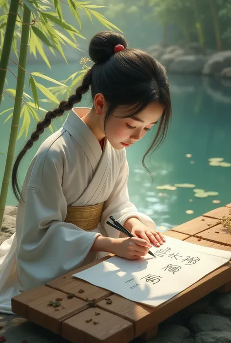 A Chinese girl who is sitting on the board and writing a poem show hand written 