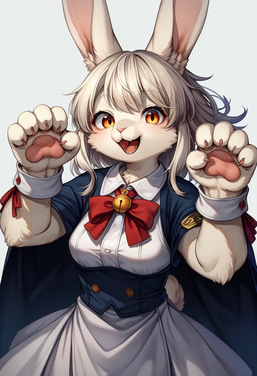 score_9, score_8_up, score_7_up, score_6_up, score_5_up, score_4_up, source_anime, best quality, amazing quality, very aesthetic, absurdres, 1girl, (furry, kemono:1.3), rabbit, rabbit girl, rabbit ears, smile, open mouth, white rabbit gloves, (paw pose:1.5), white background