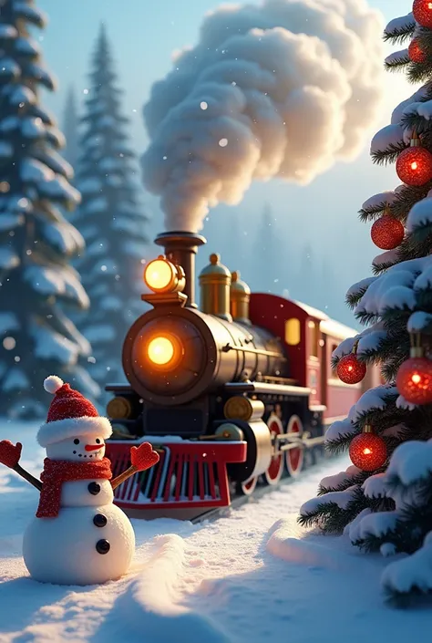  Its an image of a Christmas train running through a snowy landscape 。The image shows、Snow-covered trees々Lights are displayed on 、A golden steam locomotive is moving along the tracks with smoke。In front of you、 A Christmas tree covered with snow is display...