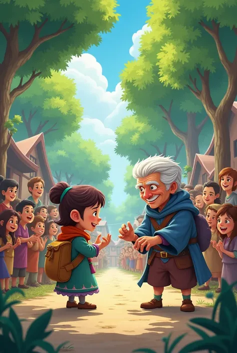 "Rinku using a magical item from the bag to help an elderly villager with a difficult task, with villagers gathering around in astonishment. The setting is a peaceful village street lined with trees and simple homes, with people smiling and ren watching in...