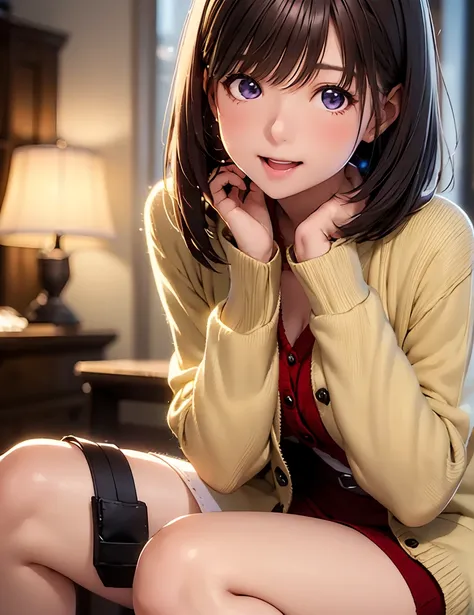   Hi-Res ,In 8K, best quality, Details,Semi-realistic anime, D-anime style, smooth animated CG, one girl , 19-year-old Japanese woman,slim,modeling,((Sparkling Eyes)),(( very short hair)),(( short bob)),(Maroon Glowing Hair ),((tricolor cardigan)),(( penci...