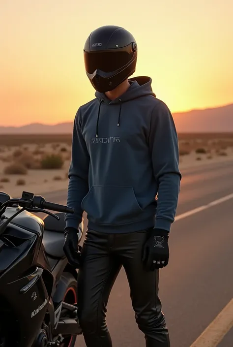 realistic large photo  , biker,   wearing a large covered Airoh Phantom S  ,   in a long-sleeved blue hoodie  , leather pants,  black gloves ,   helmet is standing on a sandy highway next to a black Kawasaki ninja motorcycle,  at sunset in the desert , --c...