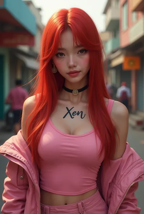 A beautiful young women round face cut and skin tone fair small nose and small light pink lips straight red long hairs and tatoo on our neck written xen in india street wearing pink tshirt jacket and skirt standing in stylish position and weeping