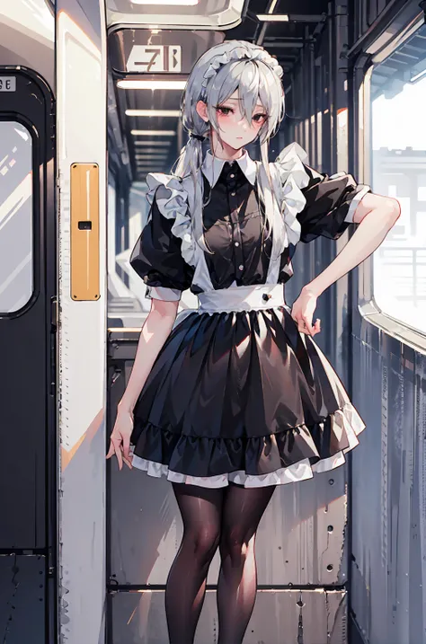 Masterpiece,realistic, 1girl,(MyleneHFV4), platinum hair, brown eyes, ringed eyes, single ponytail, ((POV, close shot)), maid attire, black pantyhose, high heels, messy bangs, sweating, smooth skins, background train station, pose, eyepatch, nervous shy ex...